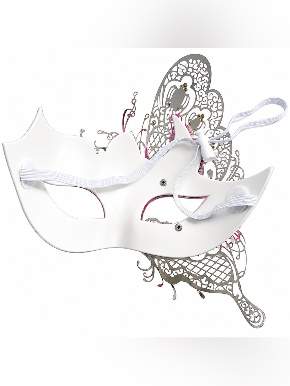 Pink Silver Venetian Masquerade Mask Butterfly Filigree Rhinestone Pearl - Picture 6 of 7